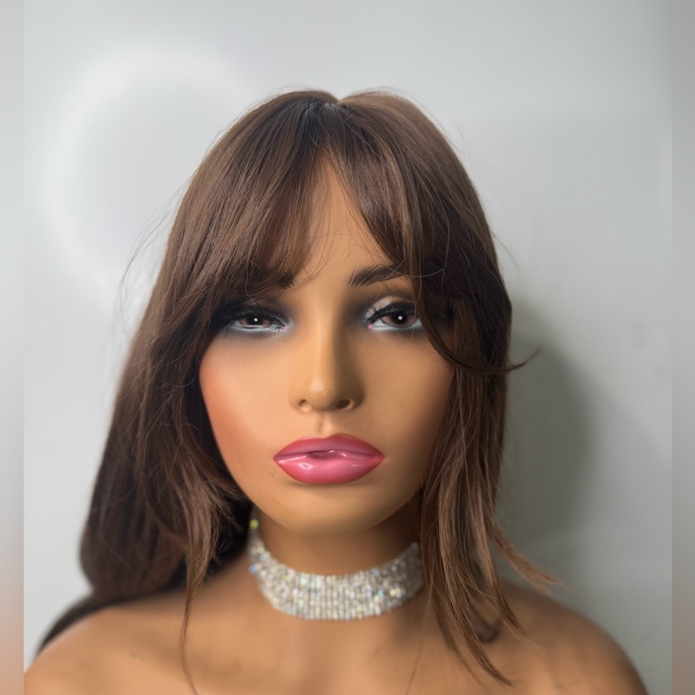 Long Chestnut Brown Synthetic Wig – Natural Brown, Curtain Bangs, Classic wig - Picture 7 of 11